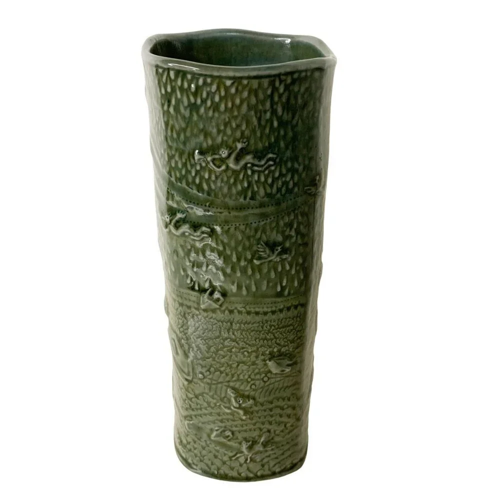Ceramic Pottery Vase Olive Celadon signed Dennis Meiners
